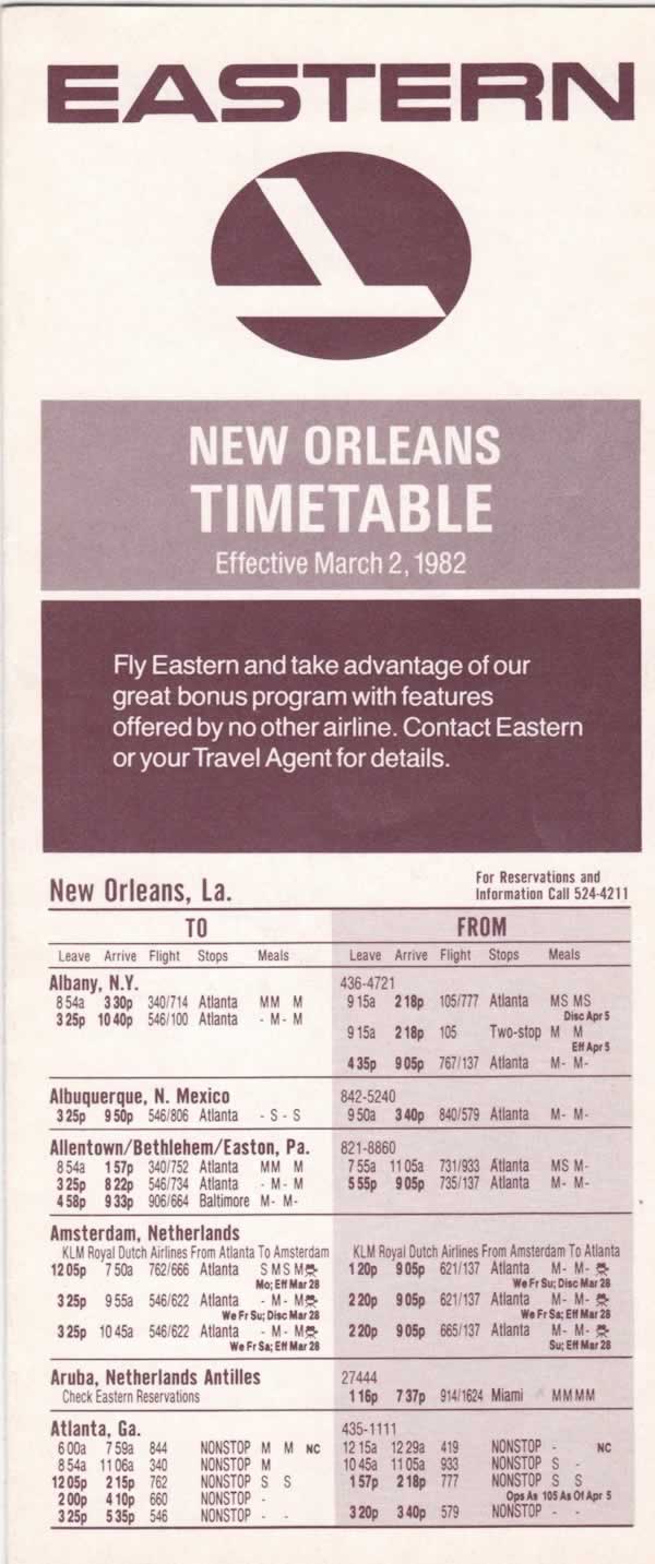 Eastern Airlines - New Orleans Timetable Effective March 2, 1982